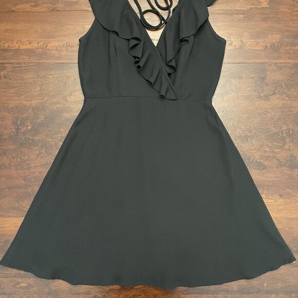 Lulus Black Sleeveless Ruffled Skater Sz Small Little Black Dress Wrap Tie Back - Picture 3 of 12